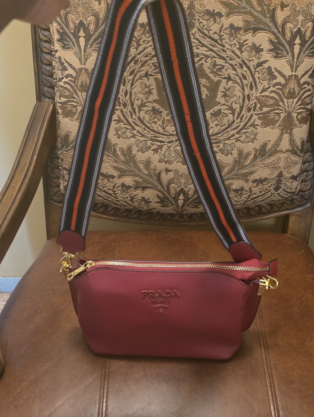 Pebbled Red Leather Crossbody with Striped Adjustable Strap